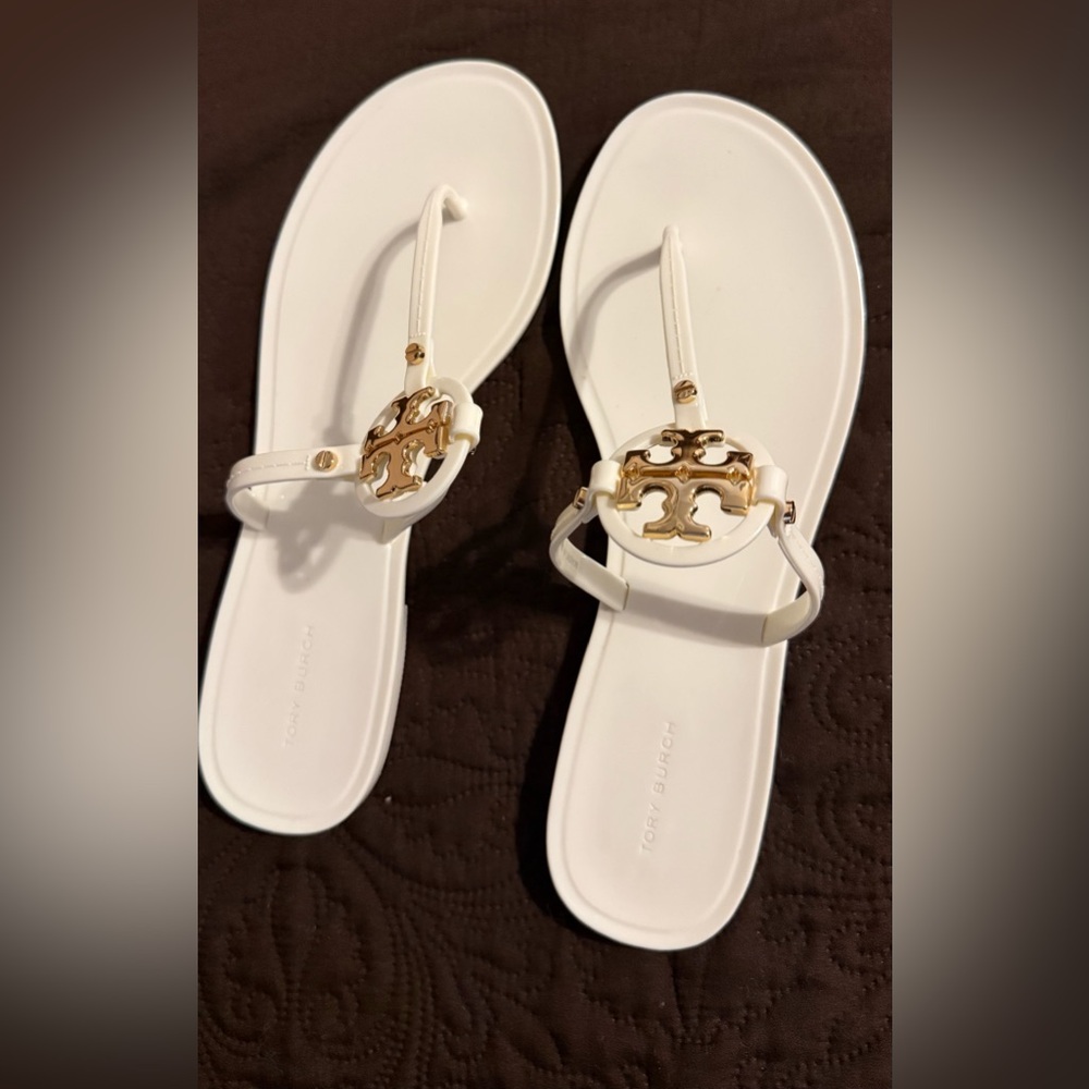 Tory Burch White Miller Logo Thong Sandals with Gold Tone Emblem